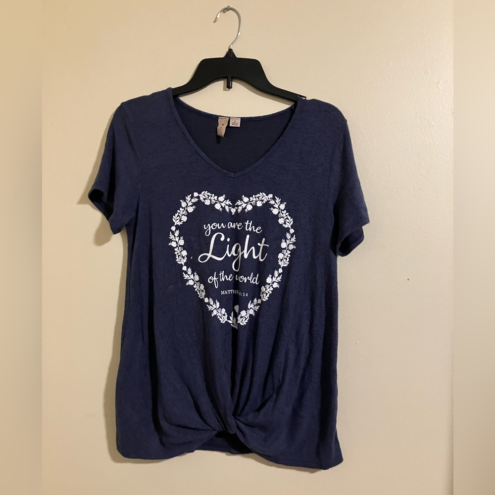 Faith Scripture Navy Graphic Tee with Heart Design 82325